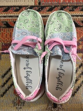 Gypsy Jazz Pastel Bandana Print Loafers in Green, Blue & Pink